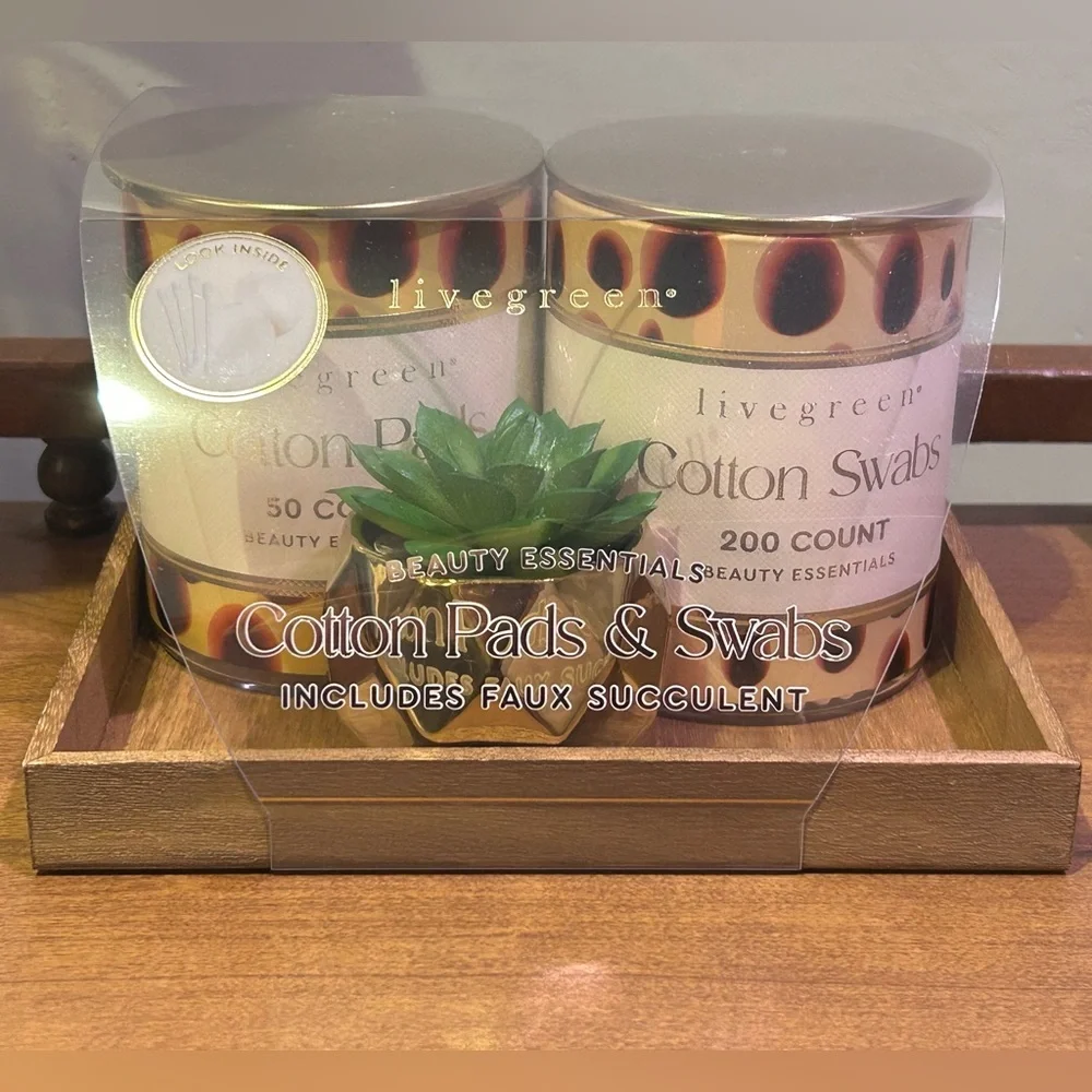 Livegreen Cotton Pads & Cotton Swabs Set with Faux Succulent And Wood Tray NWTS